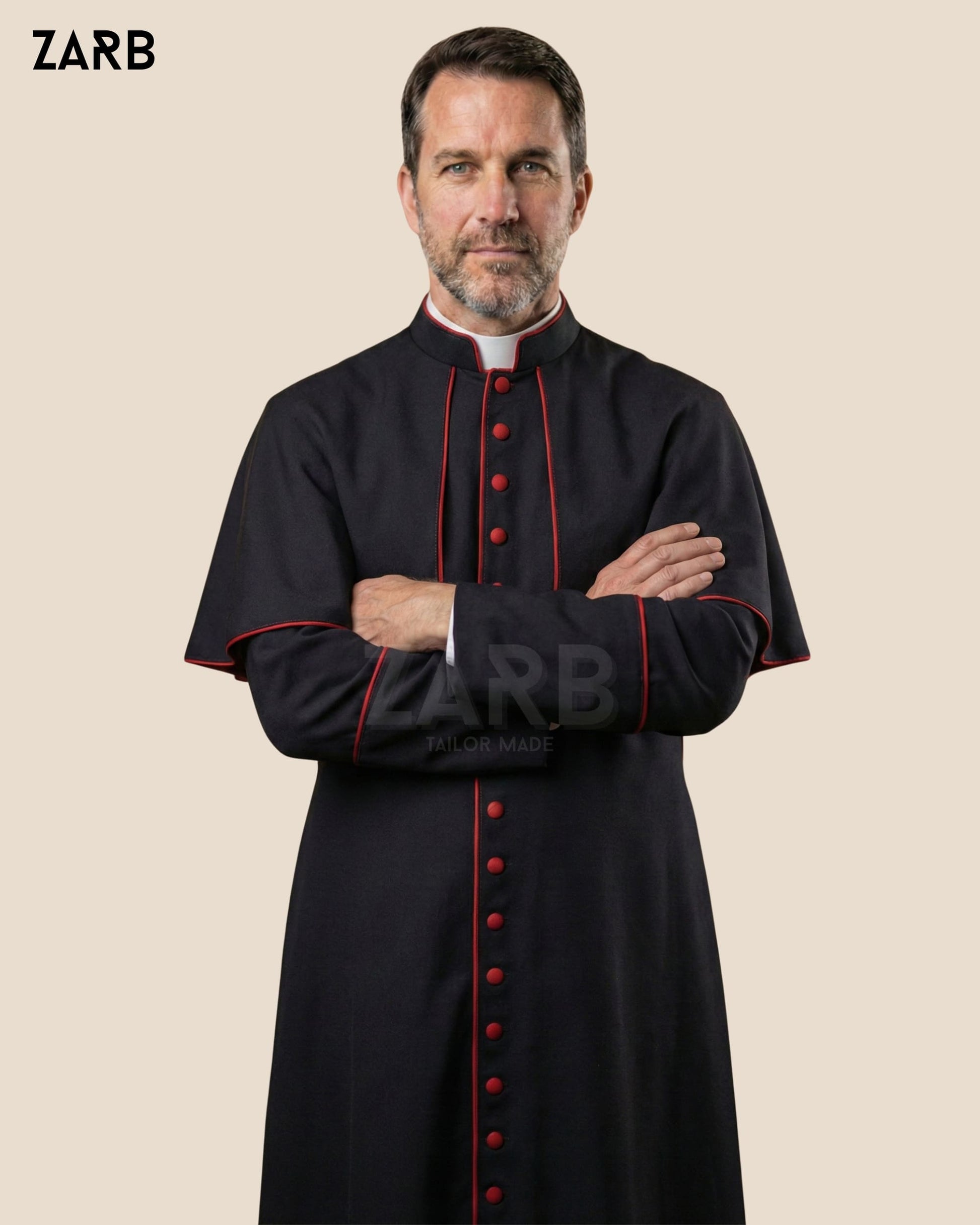 Black Roman Cassock with Red Trim & Mozzetta Cape – Custom Priest Soutane Noire | Bespoke Tailored ZARB Officials