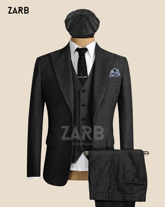 Black Tweed 3-Piece Suit with Long Coat & Cap - Peaky Blinders Style | Custom Tailored | Bespoke Tailored ZARB Officials