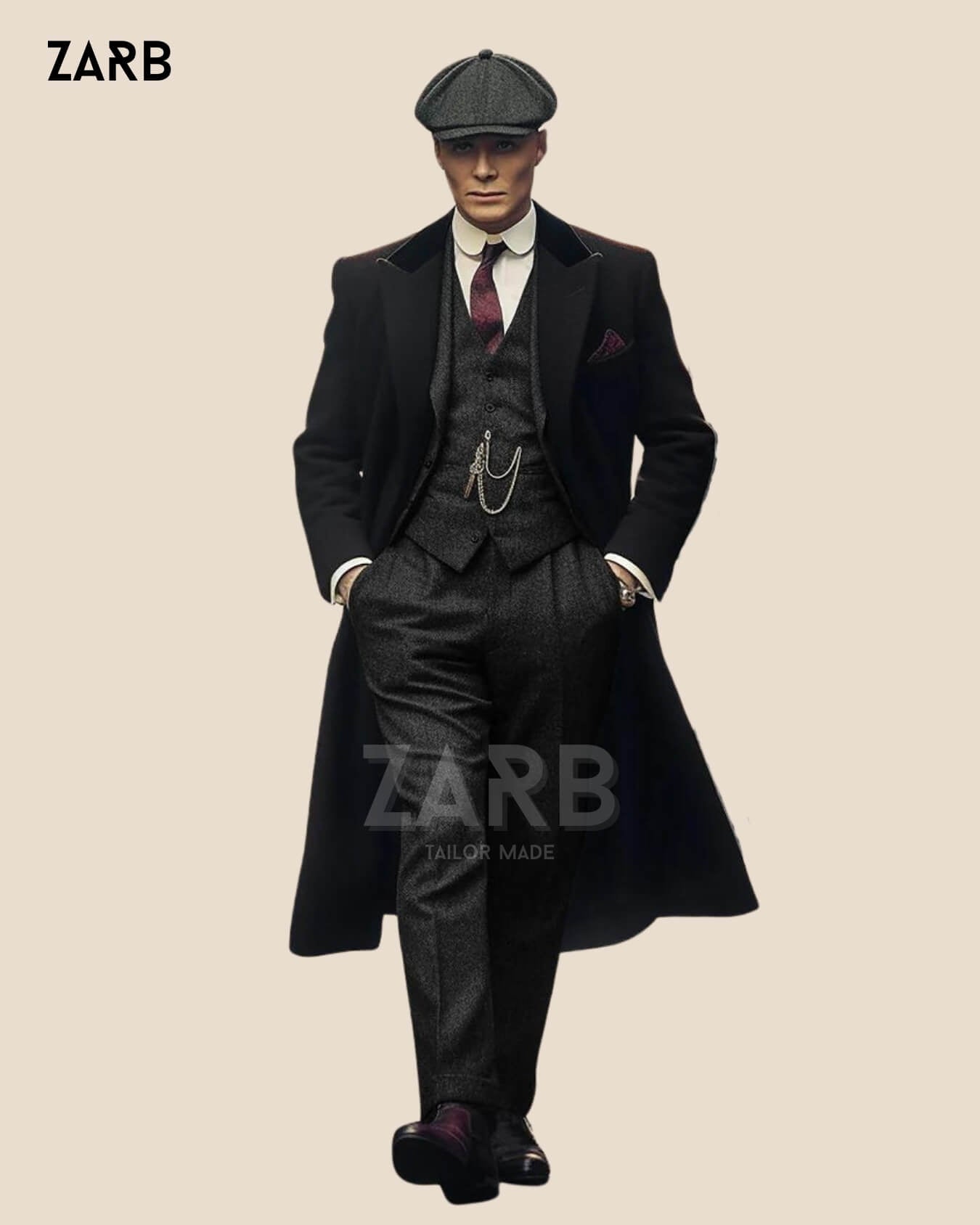 Black Tweed 3-Piece Suit with Long Coat & Cap - Peaky Blinders Style | Custom Tailored | Bespoke Tailored ZARB Officials