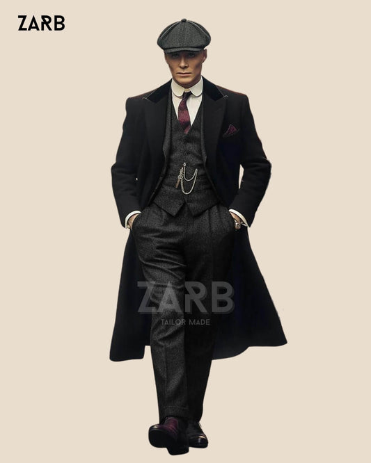 Black Tweed 3-Piece Suit with Long Coat & Cap - Peaky Blinders Style | Custom Tailored | Bespoke Tailored ZARB Officials