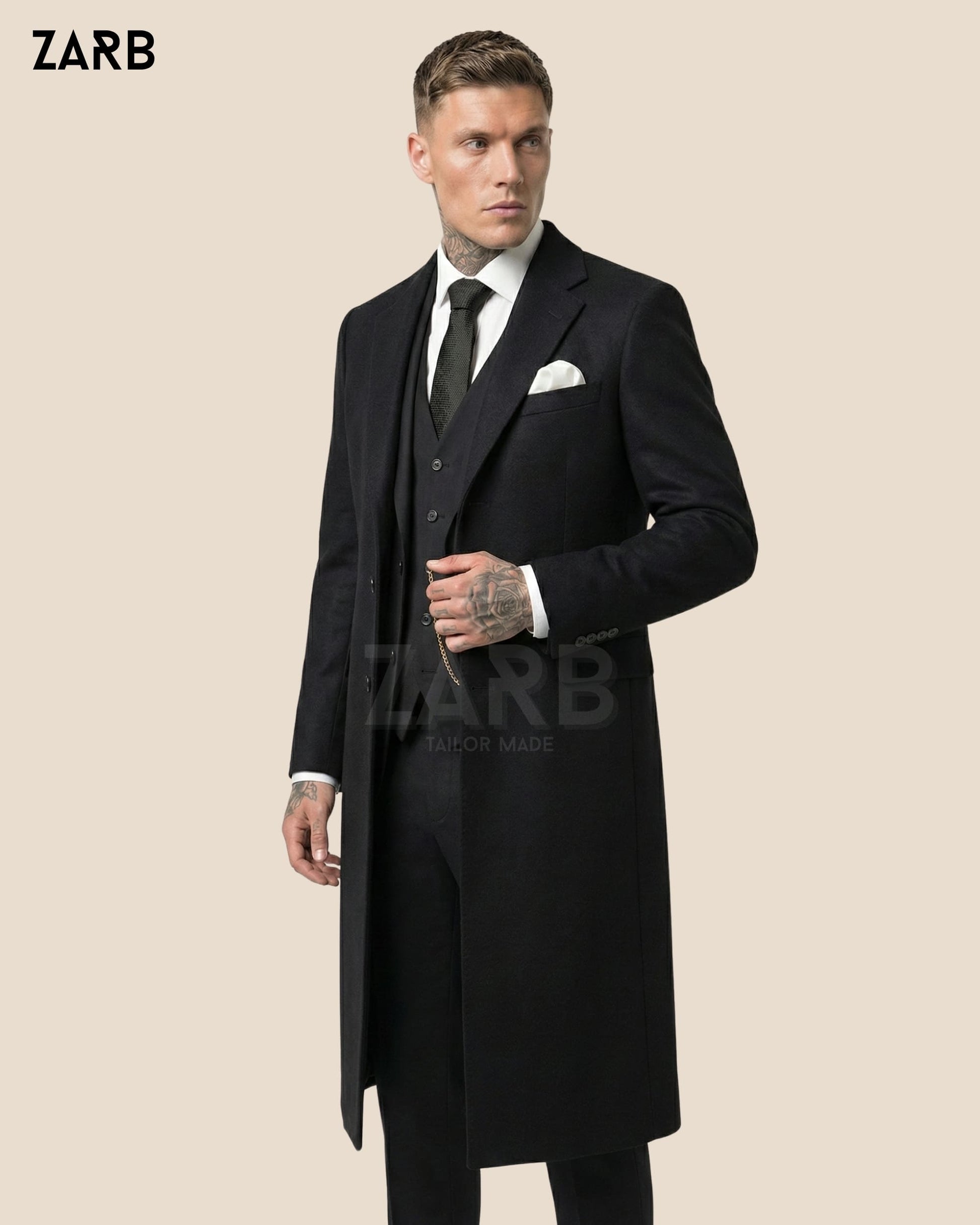 Black Wool 1920s Style 3 Piece Suit with Long Coat – Vintage Formal Overcoat Outfit | Bespoke Tailored ZARB Officials