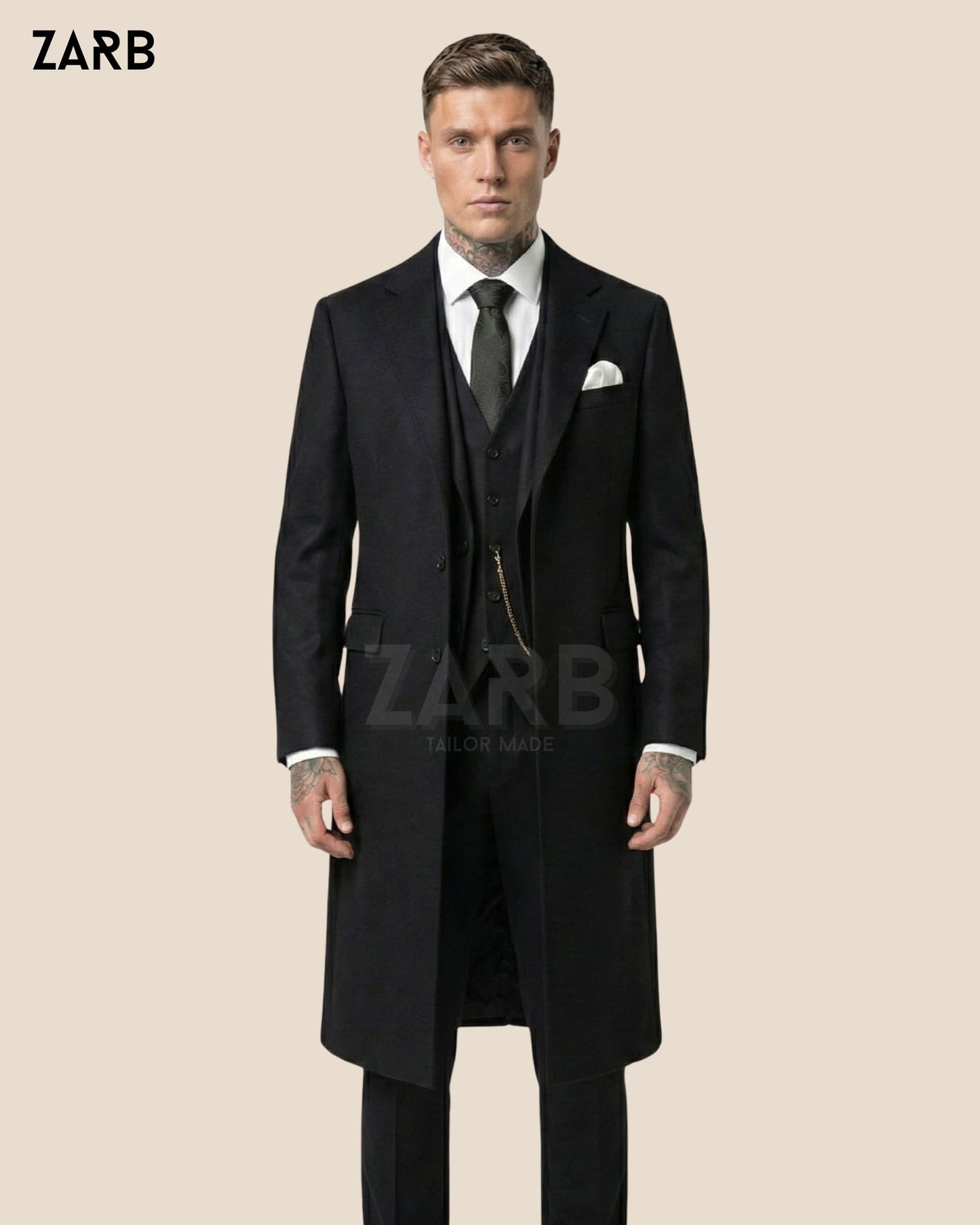 Black Wool 1920s Style 3 Piece Suit with Long Coat – Vintage Formal Overcoat Outfit | Bespoke Tailored ZARB Officials