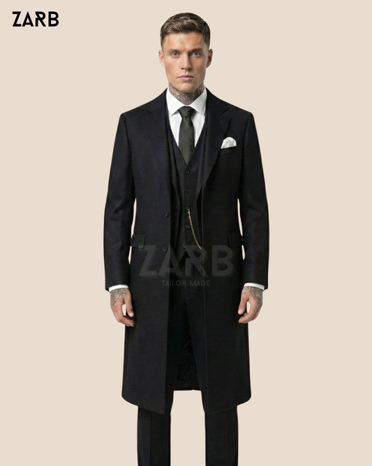 Black Wool 1920s Style 3 Piece Suit with Long Coat – Vintage Formal Overcoat Outfit | Bespoke Tailored ZARB Officials