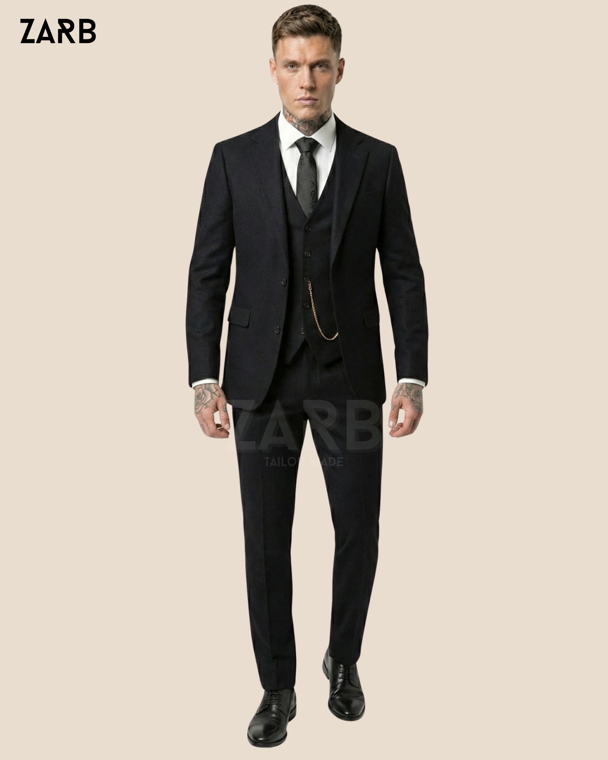 Black Wool 1920s Style 3 Piece Suit with Long Coat – Vintage Formal Overcoat Outfit | Bespoke Tailored ZARB Officials