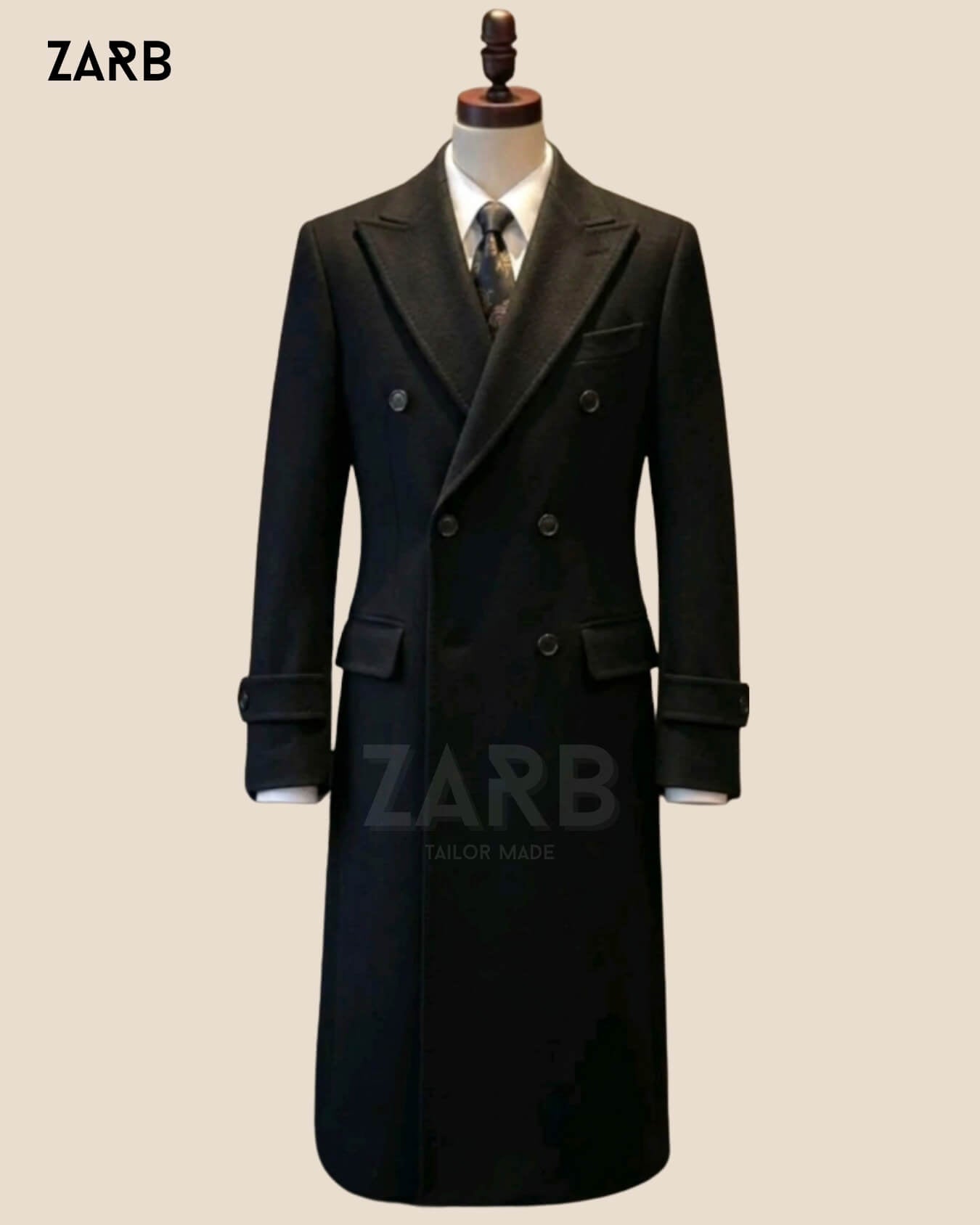 Black Wool Double Breasted Long Coat | Bespoke Overcoat | Bespoke Tailored ZARB Officials