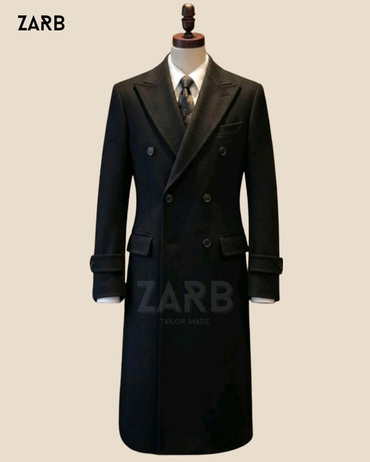 Black Wool Double Breasted Long Coat | Bespoke Overcoat | Bespoke Tailored ZARB Officials