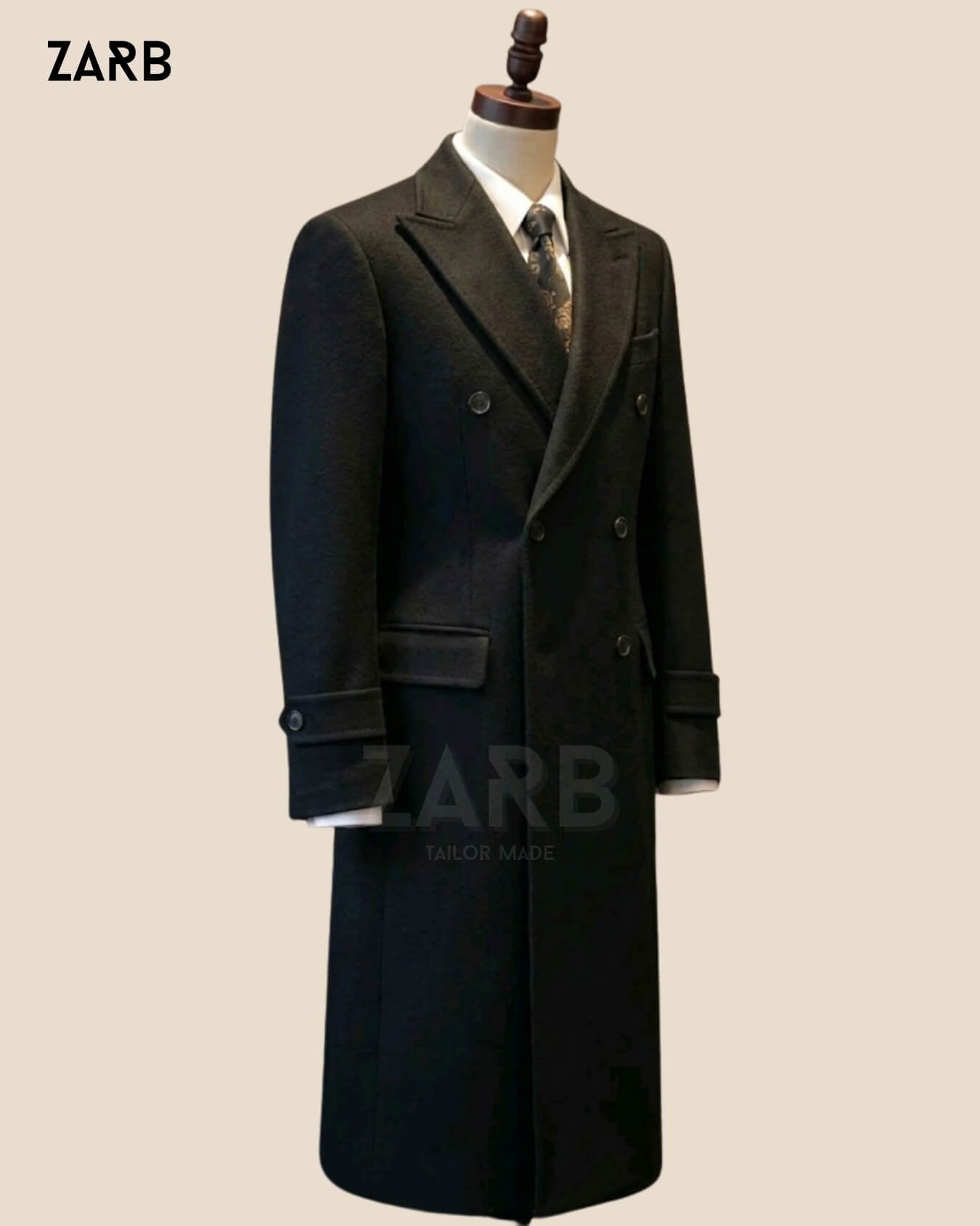 Black Wool Double Breasted Long Coat | Bespoke Overcoat | Bespoke Tailored ZARB Officials