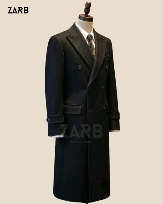 Black Wool Double Breasted Long Coat | Bespoke Overcoat | Bespoke Tailored ZARB Officials