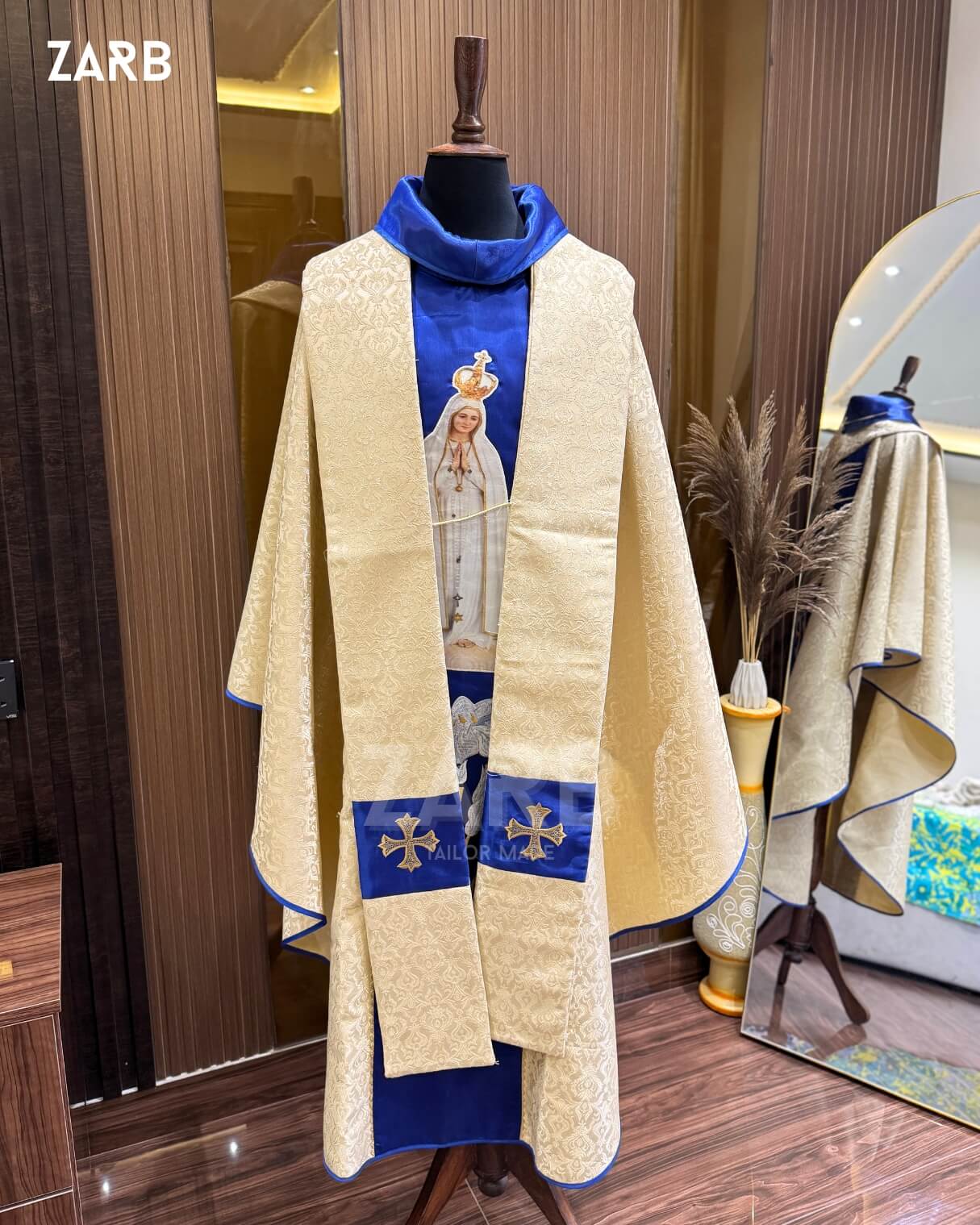 Blue & Gold Our Lady of Fatima Chasuble – Gold Embroidered Marian Priest Vestment | Custom Catholic Liturgical Chasuble ZARB | Bespoke Tailored ZARB Officials