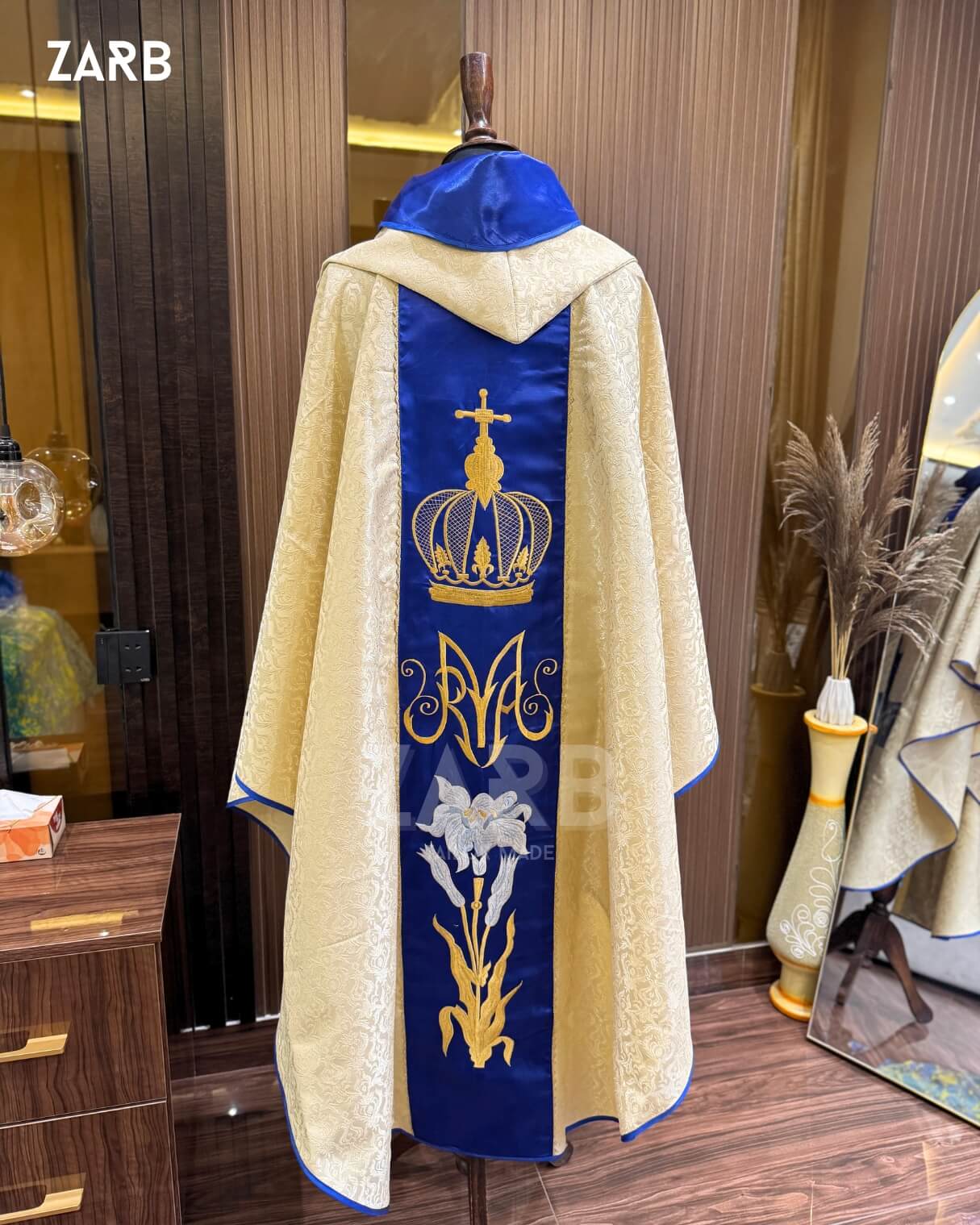 Blue & Gold Our Lady of Fatima Chasuble – Gold Embroidered Marian Priest Vestment | Custom Catholic Liturgical Chasuble ZARB | Bespoke Tailored ZARB Officials