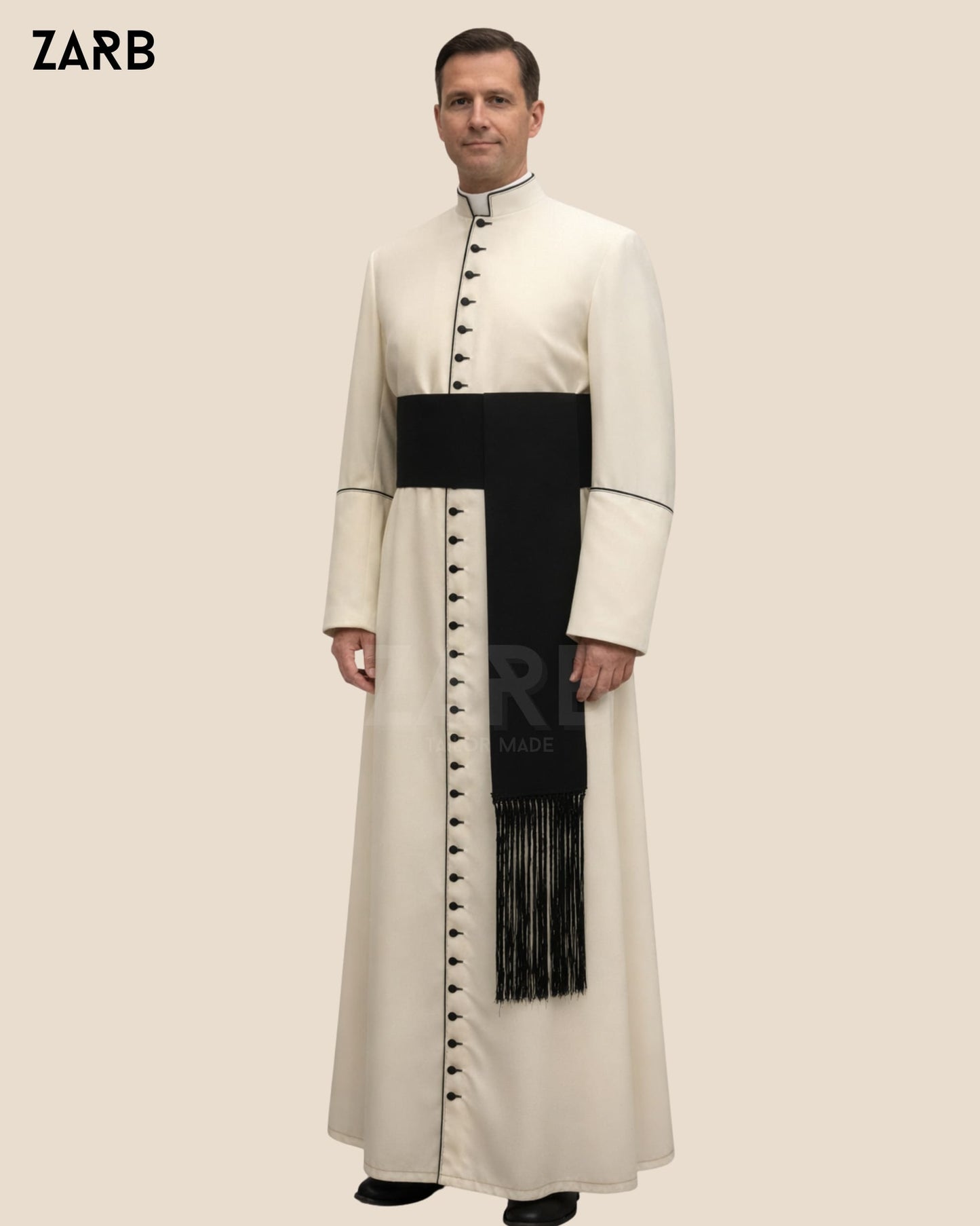Cream Roman Cassock with Black Trim & Fascia | Custom Soutane | Bespoke Tailored ZARB Officials