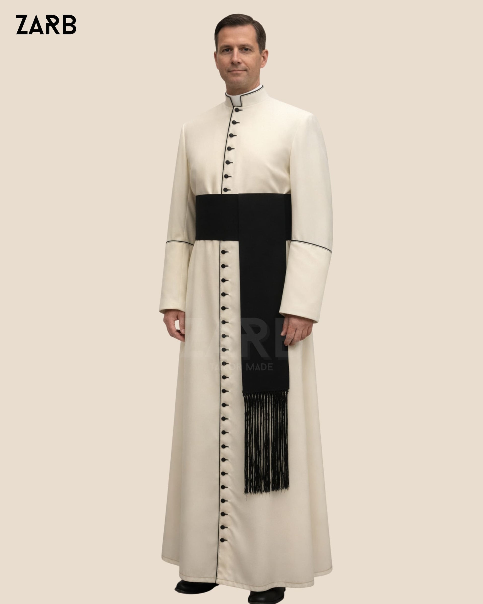 Cream Roman Cassock with Black Trim & Fascia | Custom Soutane | Bespoke Tailored ZARB Officials