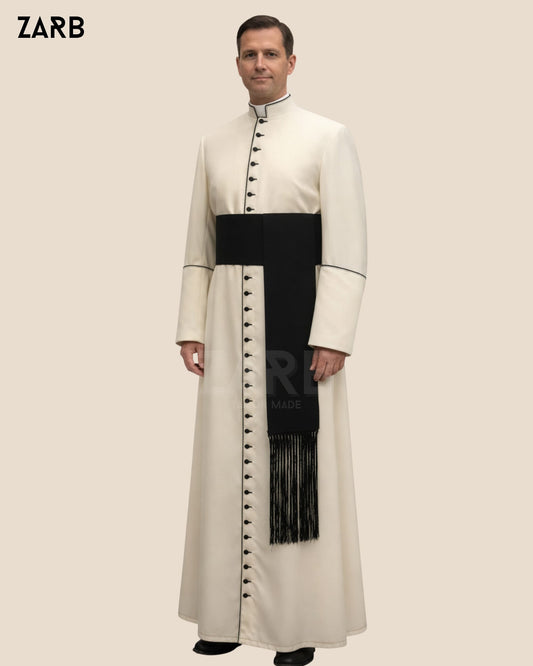 Cream Roman Cassock with Black Trim & Fascia | Custom Soutane | Bespoke Tailored ZARB Officials