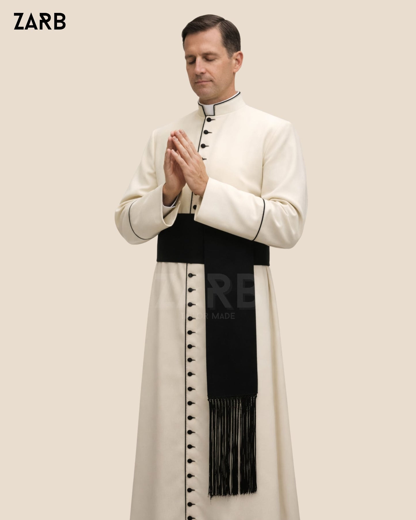 Cream Roman Cassock with Black Trim & Fascia | Custom Soutane | Bespoke Tailored ZARB Officials