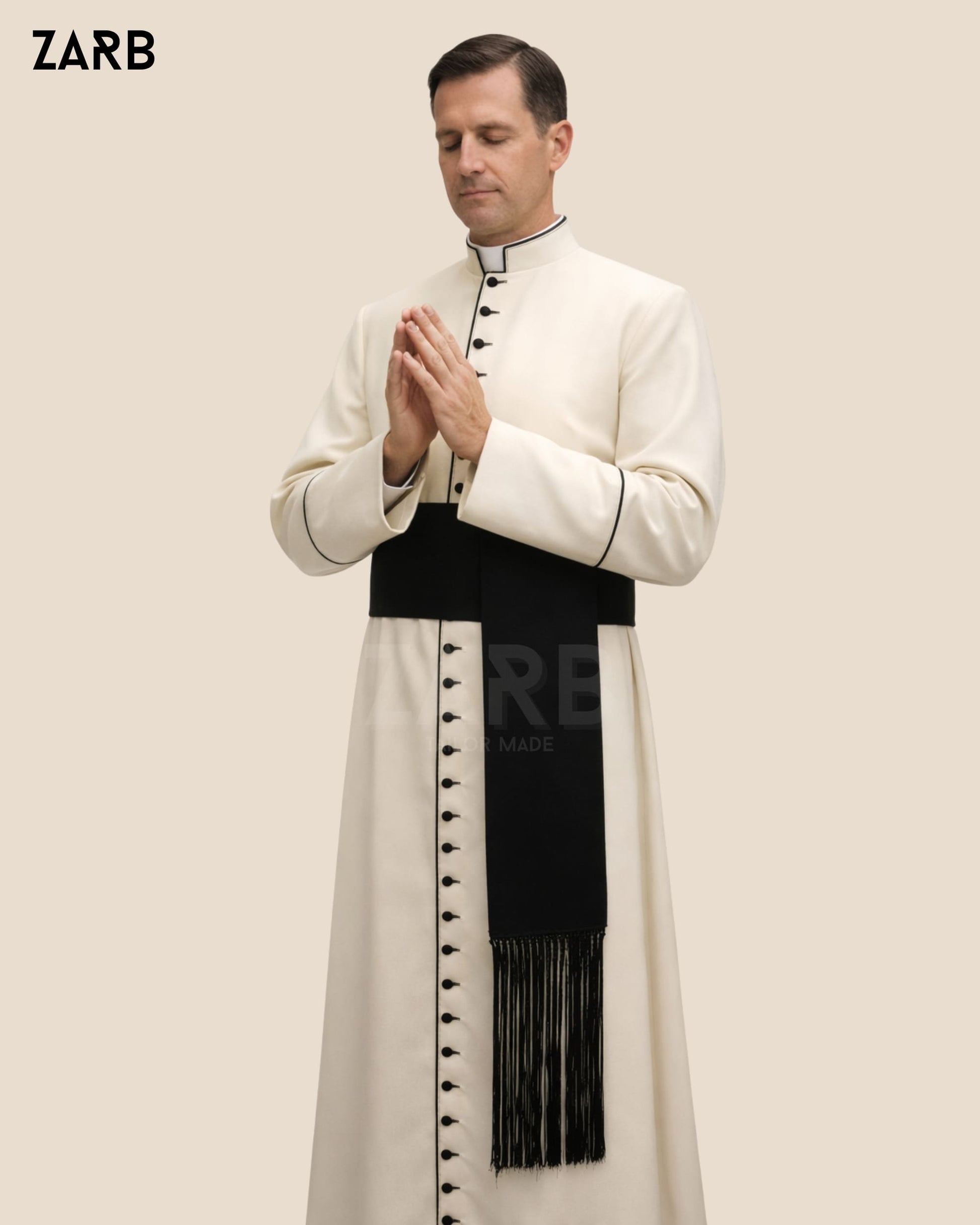 Cream Roman Cassock with Black Trim & Fascia | Custom Soutane | Bespoke Tailored ZARB Officials