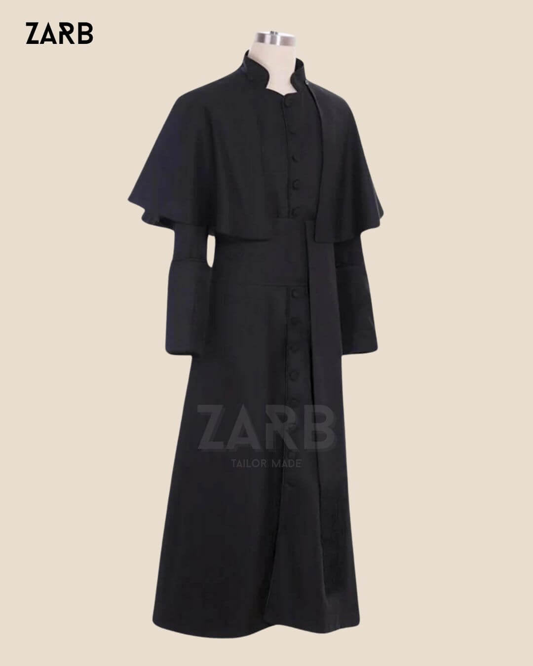 Custom Black Cassock with Cape Pellegrina | Roman Soutane Tailored by ZARB | Bespoke Tailored ZARB Officials