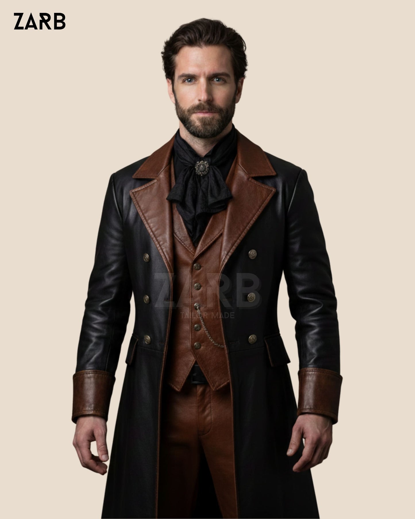Gothic Leather Long Coat Mens Victorian Vampire Outfit | Bespoke Tailored ZARB Officials