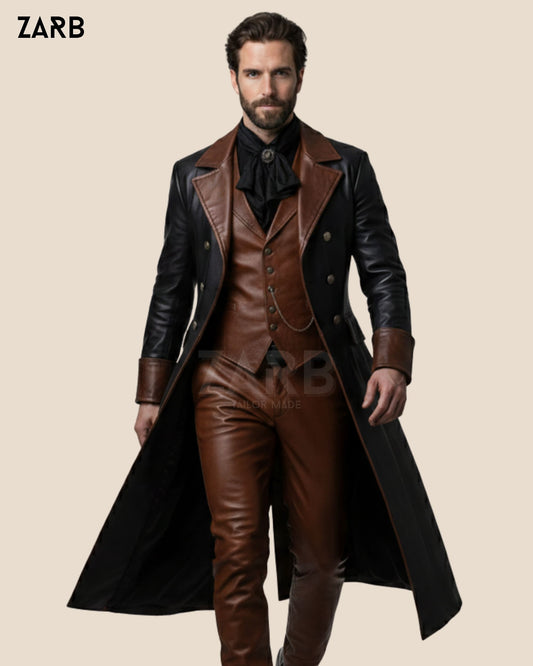 Gothic Leather Long Coat Mens Victorian Vampire Outfit | Bespoke Tailored ZARB Officials