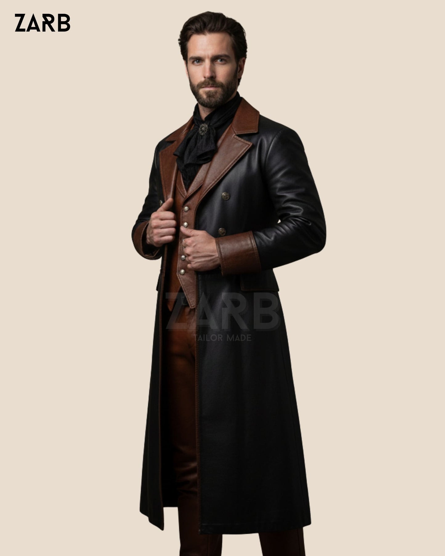 Gothic Leather Long Coat Mens Victorian Vampire Outfit | Bespoke Tailored ZARB Officials