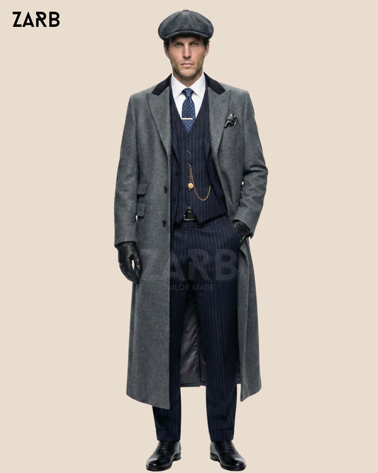 Gray Tweed Wool Long Coat – Peaky Blinders Style Vintage Overcoat for Men | Bespoke Tailored ZARB Officials