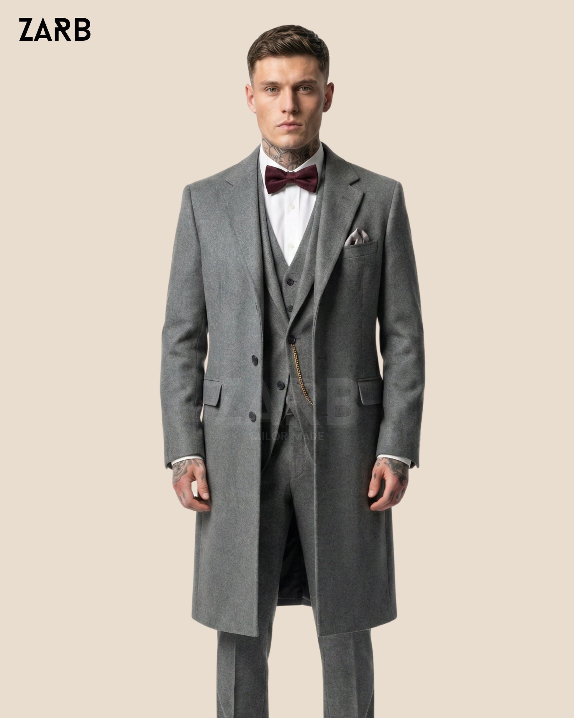 Gray Wool Peaky Blinders 3 Piece Suit with Long Coat – Thomas Shelby Style Vintage Overcoat Outfit | Bespoke Tailored ZARB Officials