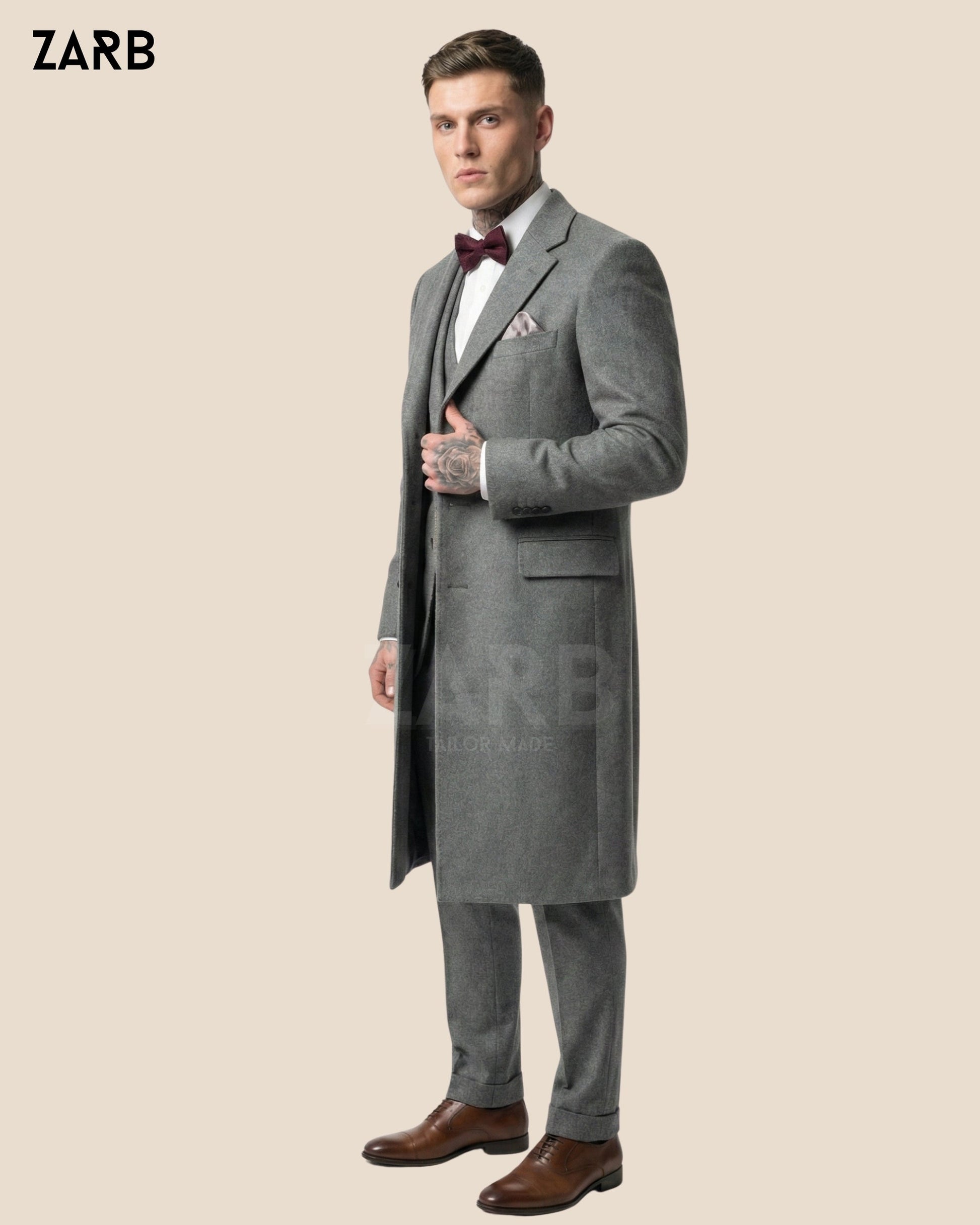 Gray Wool Peaky Blinders 3 Piece Suit with Long Coat – Thomas Shelby Style Vintage Overcoat Outfit | Bespoke Tailored ZARB Officials