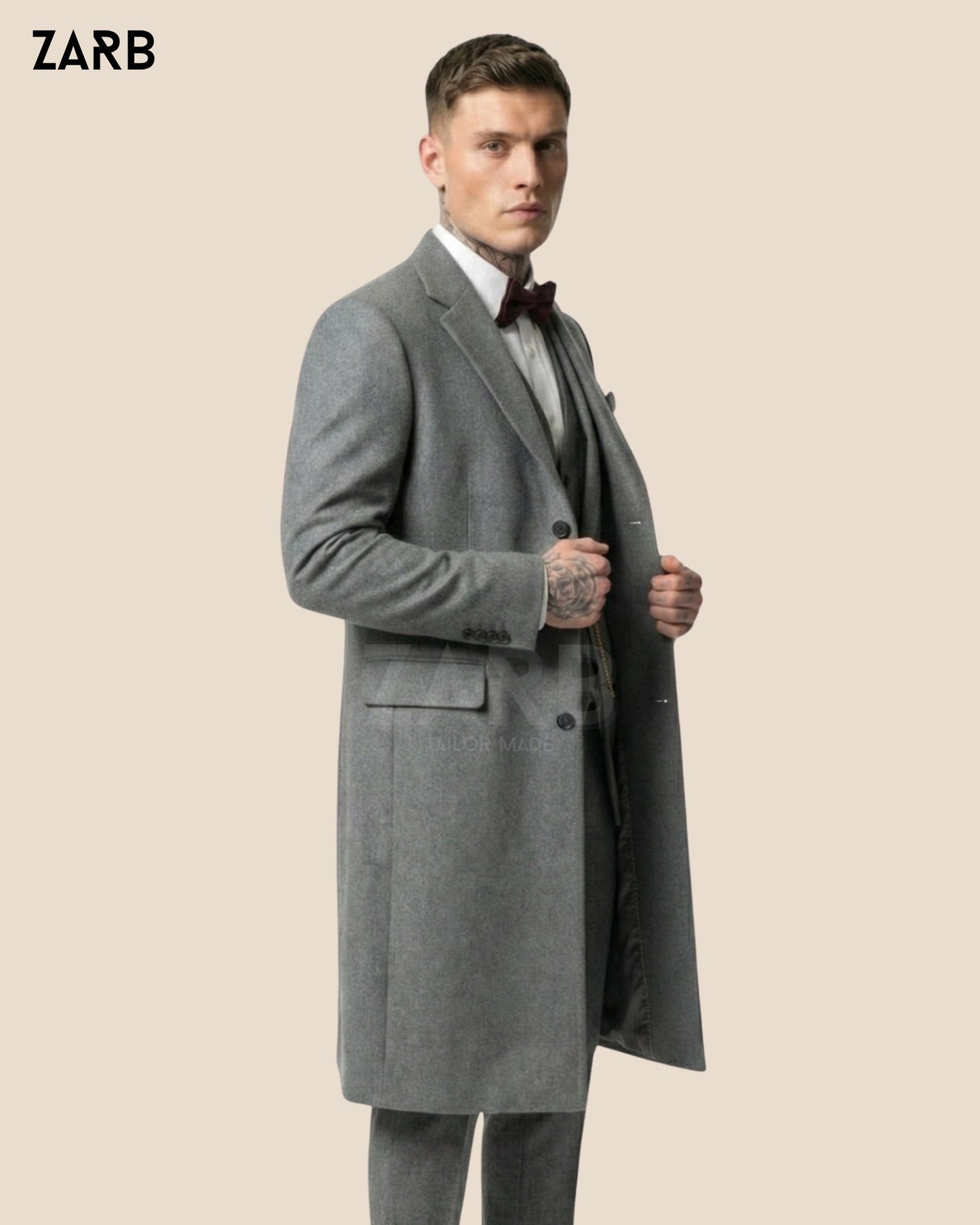Gray Wool Peaky Blinders 3 Piece Suit with Long Coat – Thomas Shelby Style Vintage Overcoat Outfit | Bespoke Tailored ZARB Officials