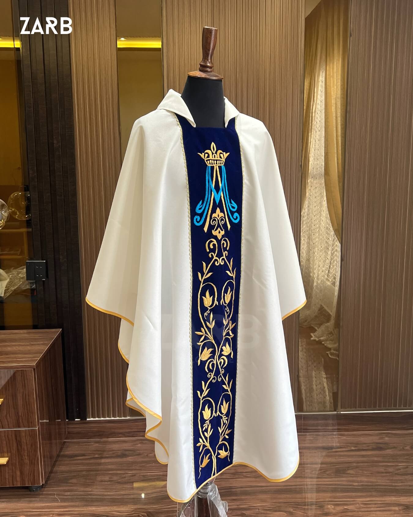 Marian Chasuble - White & Blue Catholic Priest Vestment with Gold Embroidery | Custom Gothic Marian Liturgical Chasuble ZARB | Bespoke Tailored ZARB Officials