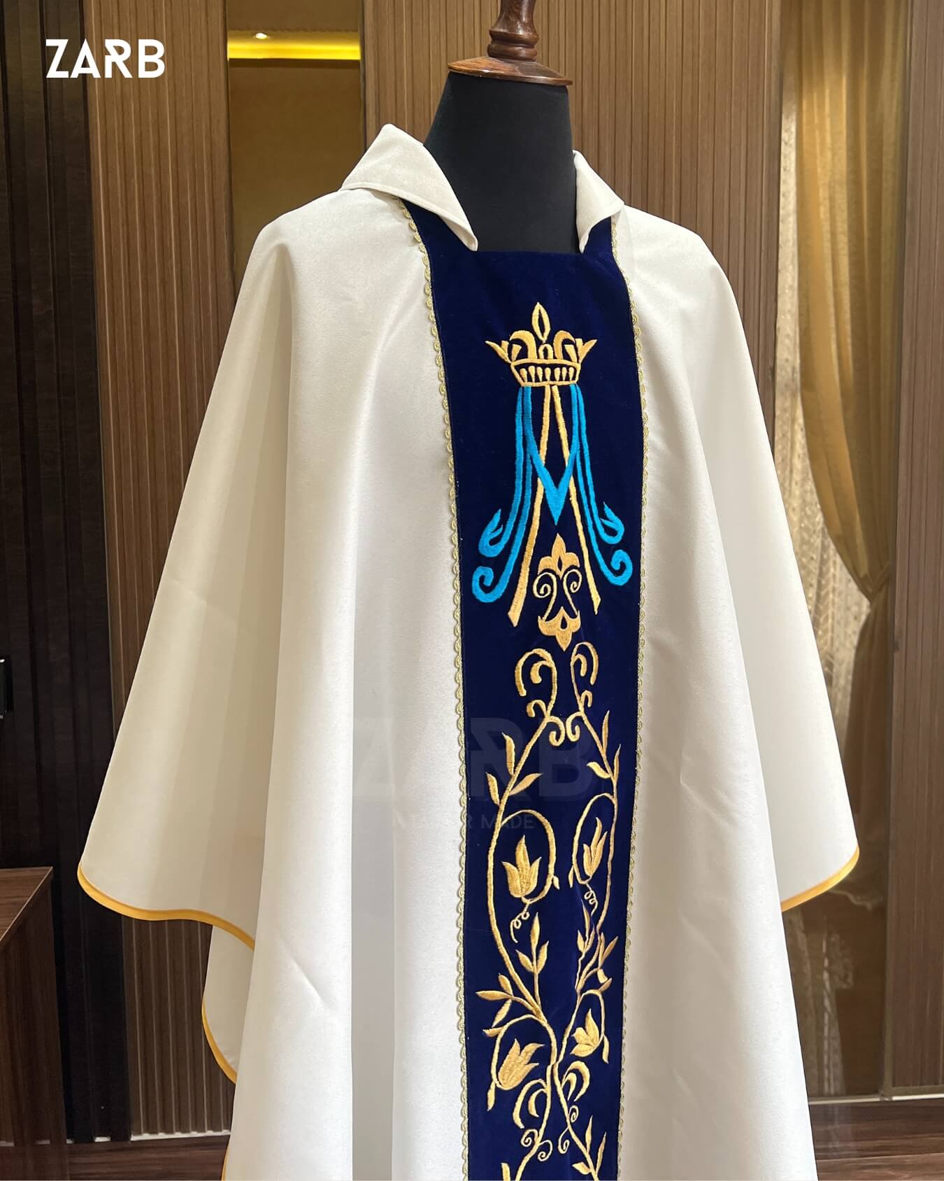 Marian Chasuble - White & Blue Catholic Priest Vestment with Gold Embroidery | Custom Gothic Marian Liturgical Chasuble ZARB | Bespoke Tailored ZARB Officials