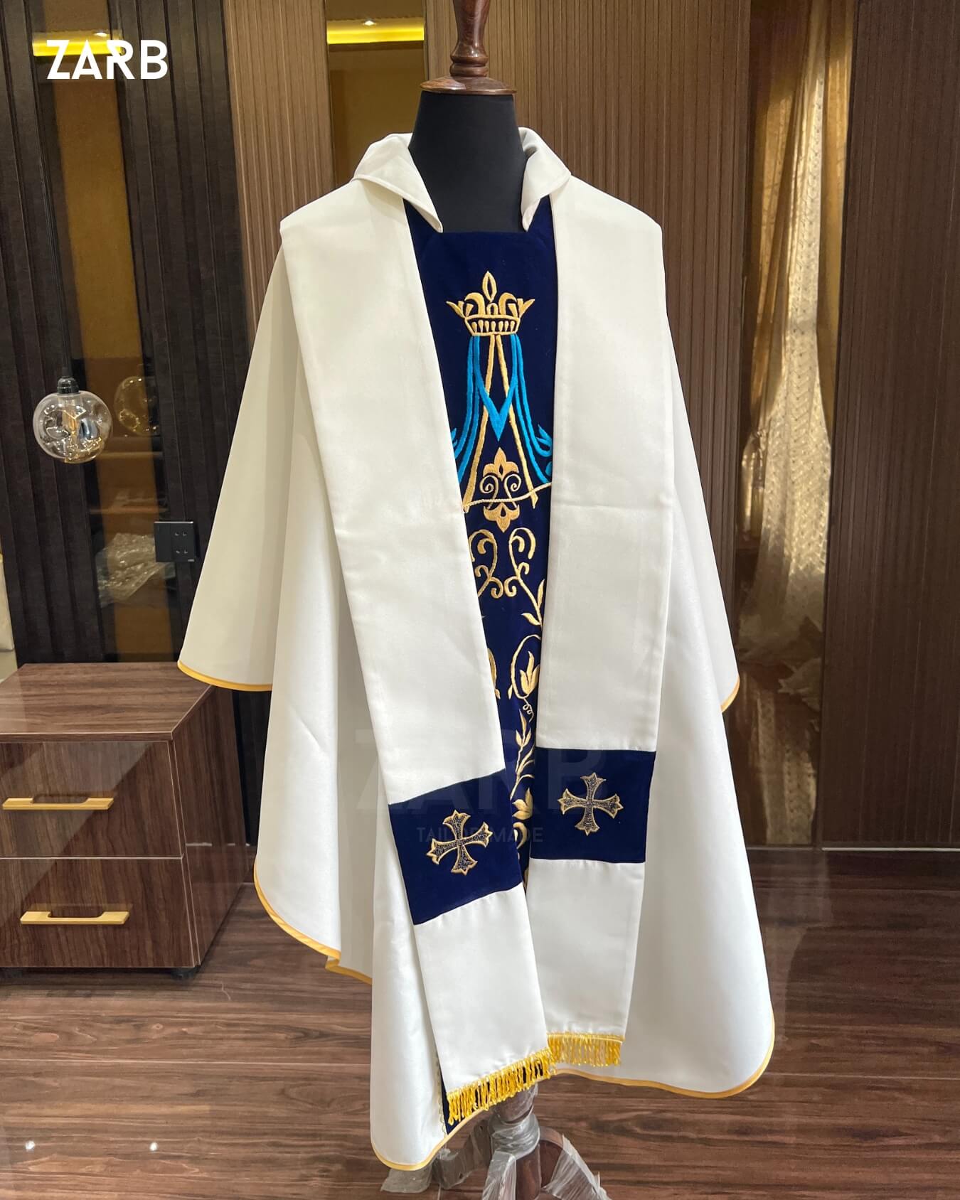 Marian Chasuble - White & Blue Catholic Priest Vestment with Gold Embroidery | Custom Gothic Marian Liturgical Chasuble ZARB | Bespoke Tailored ZARB Officials