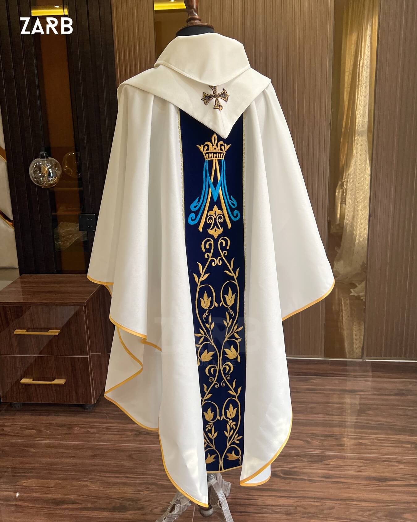 Marian Chasuble - White & Blue Catholic Priest Vestment with Gold Embroidery | Custom Gothic Marian Liturgical Chasuble ZARB | Bespoke Tailored ZARB Officials