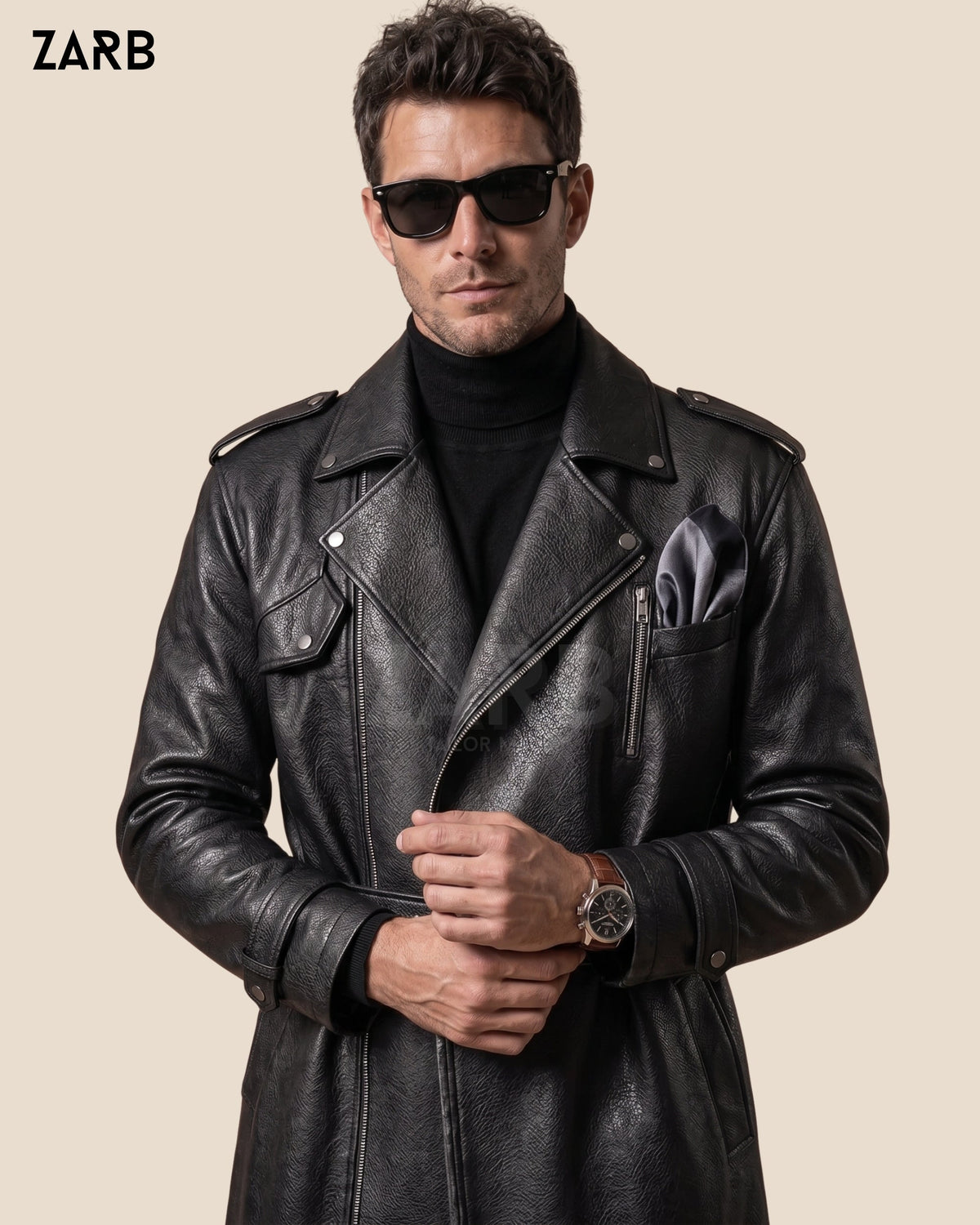 Men's Black Leather Long Coat | Belted Trench Style | Custom Fit | Bespoke Tailored ZARB Officials