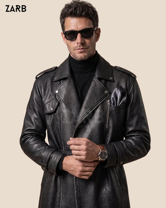 Men's Black Leather Long Coat | Belted Trench Style | Custom Fit | Bespoke Tailored ZARB Officials