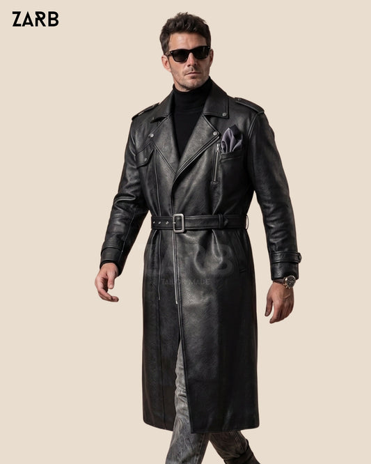 Men's Black Leather Long Coat | Belted Trench Style | Custom Fit | Bespoke Tailored ZARB Officials