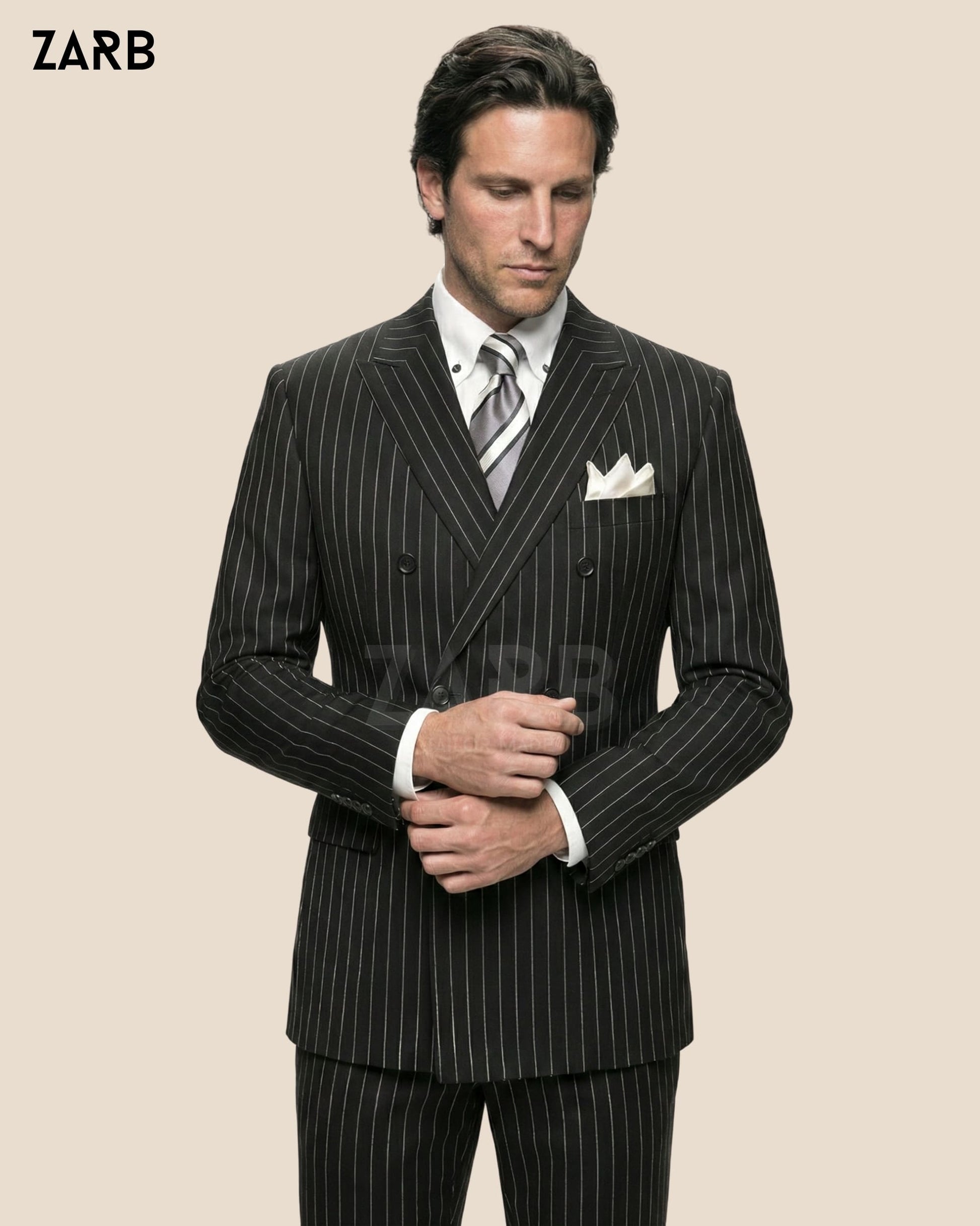 Men’s Black Pinstripe Double Breasted Suit – 1920s Style Power Suit, Tailored Formal Business Suit | Bespoke Tailored ZARB Officials