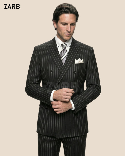 Men’s Black Pinstripe Double Breasted Suit – 1920s Style Power Suit, Tailored Formal Business Suit | Bespoke Tailored ZARB Officials