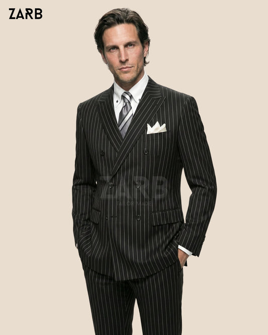 Men’s Black Pinstripe Double Breasted Suit – 1920s Style Power Suit, Tailored Formal Business Suit | Bespoke Tailored ZARB Officials