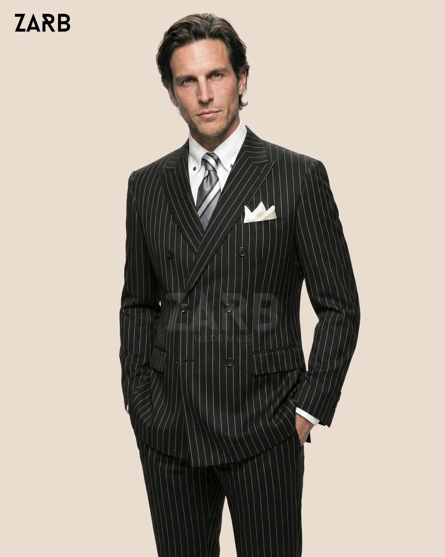 Men’s Black Pinstripe Double Breasted Suit – 1920s Style Power Suit, Tailored Formal Business Suit | Bespoke Tailored ZARB Officials