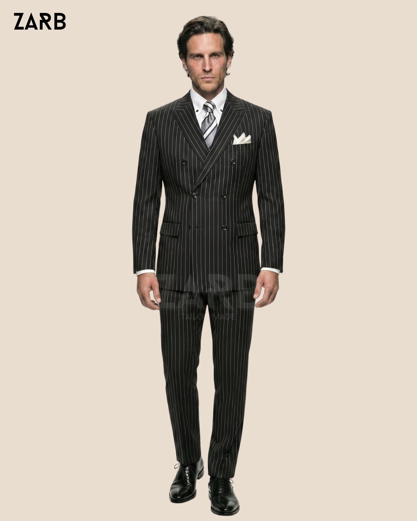Men’s Black Pinstripe Double Breasted Suit – 1920s Style Power Suit, Tailored Formal Business Suit | Bespoke Tailored ZARB Officials