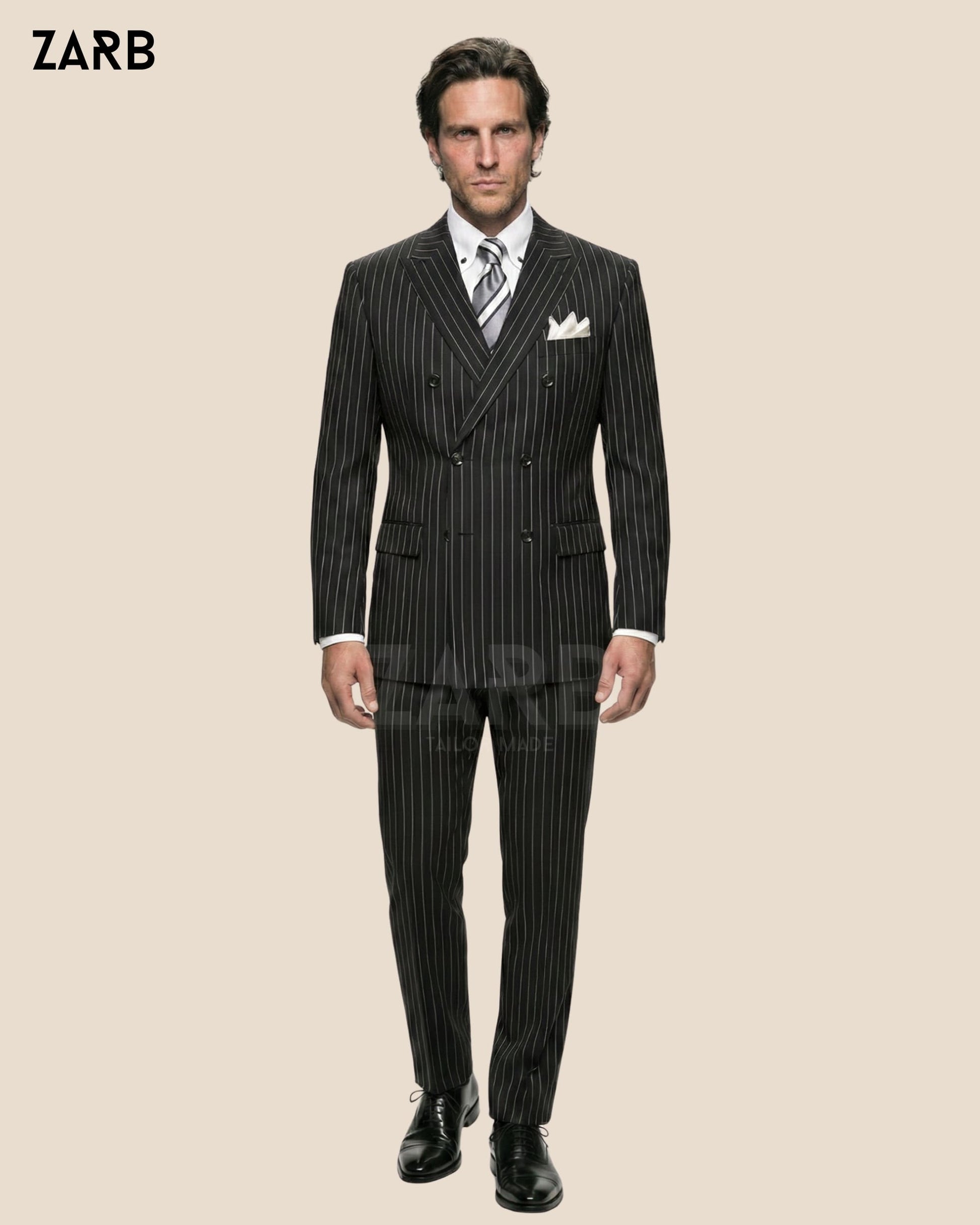 Men’s Black Pinstripe Double Breasted Suit – 1920s Style Power Suit, Tailored Formal Business Suit | Bespoke Tailored ZARB Officials