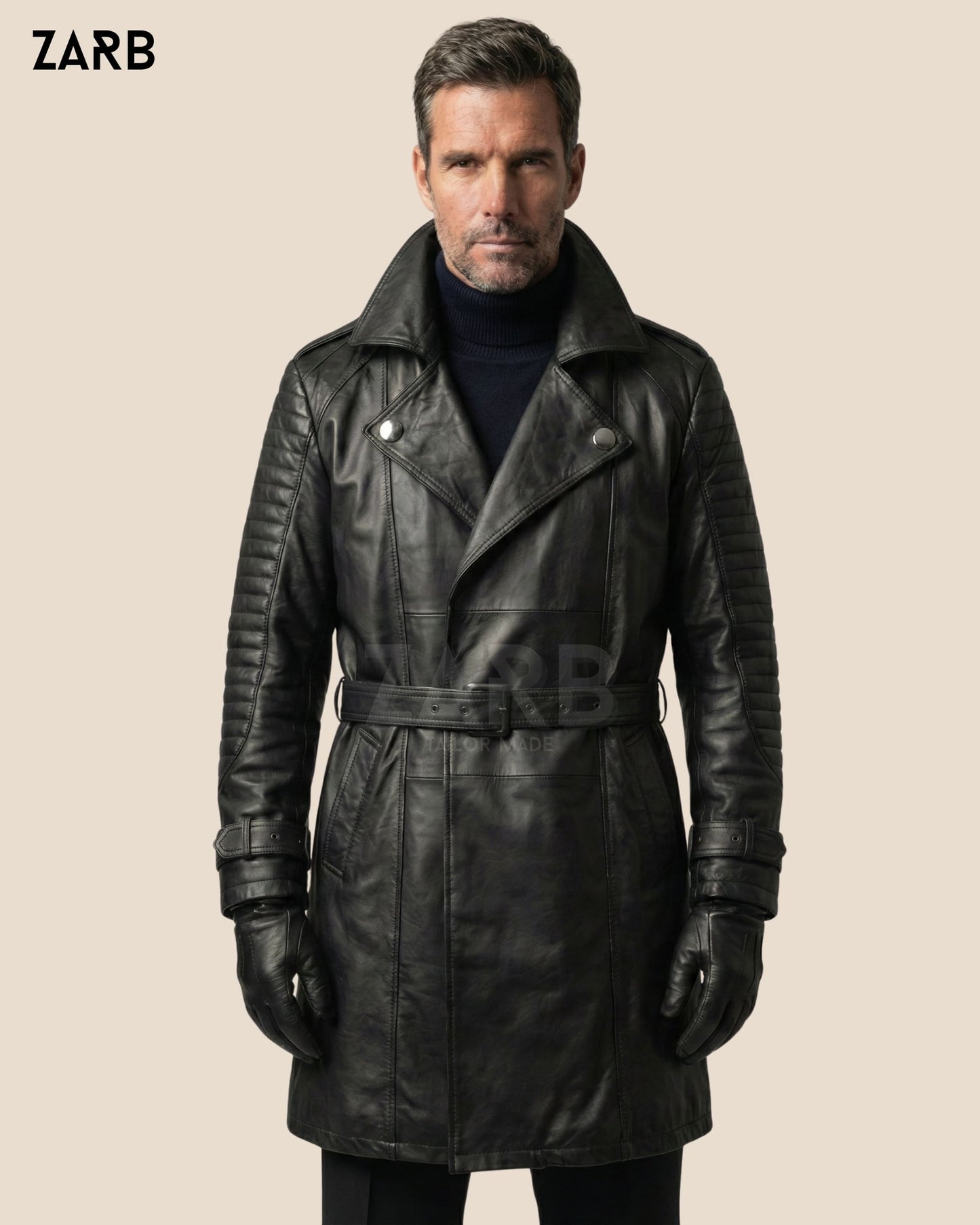 Men’s Black Sheepskin Leather Coat – Belted Shearling Long Winter Jacket | Bespoke Tailored ZARB Officials