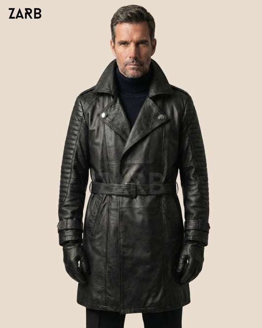 Men’s Black Sheepskin Leather Coat – Belted Shearling Long Winter Jacket | Bespoke Tailored ZARB Officials