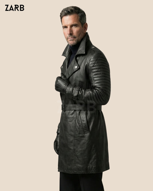 Men’s Black Sheepskin Leather Coat – Belted Shearling Long Winter Jacket | Bespoke Tailored ZARB Officials