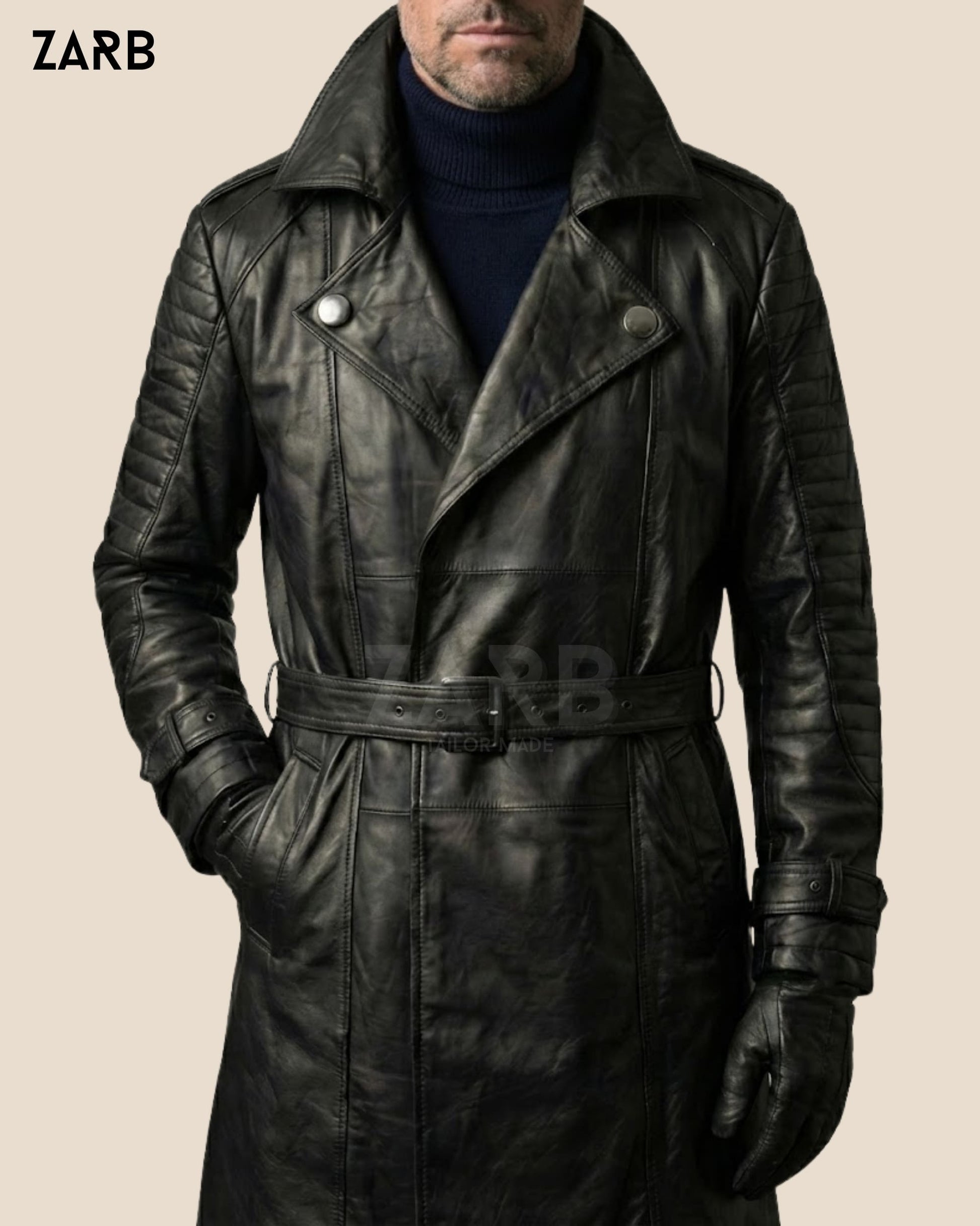 Men’s Black Sheepskin Leather Coat – Belted Shearling Long Winter Jacket | Bespoke Tailored ZARB Officials