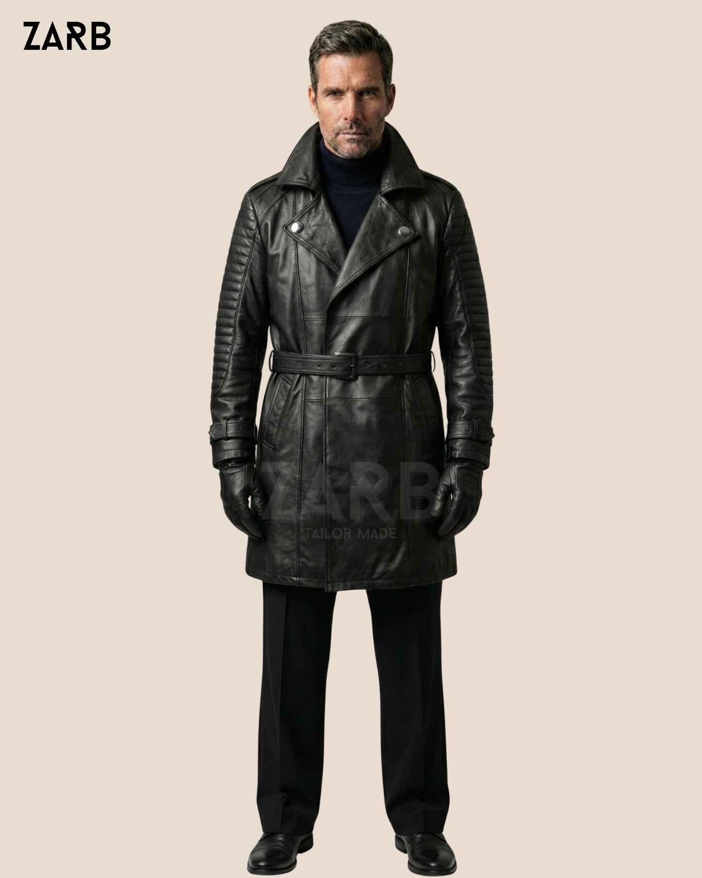 Men’s Black Sheepskin Leather Coat – Belted Shearling Long Winter Jacket | Bespoke Tailored ZARB Officials