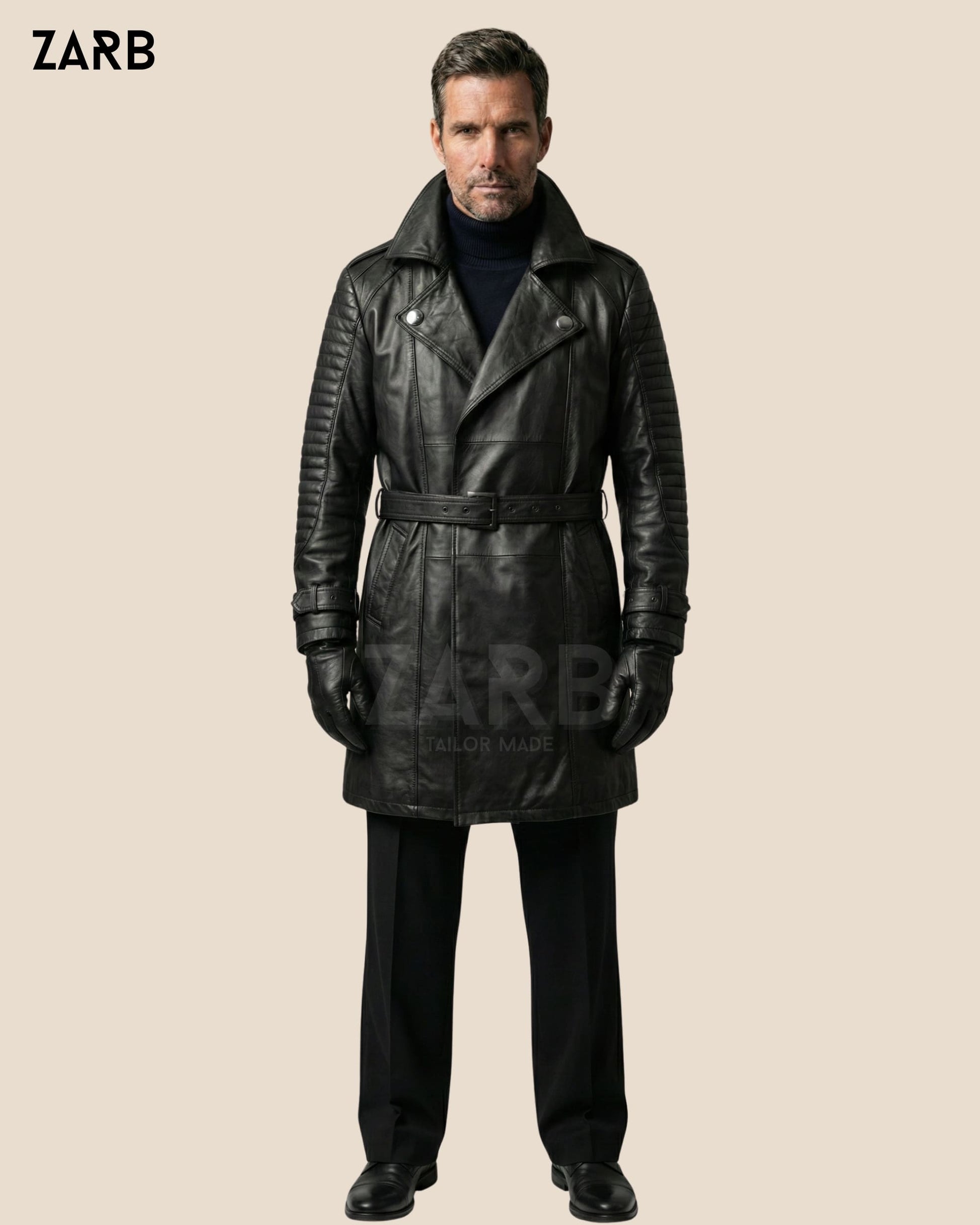 Men’s Black Sheepskin Leather Coat – Belted Shearling Long Winter Jacket | Bespoke Tailored ZARB Officials