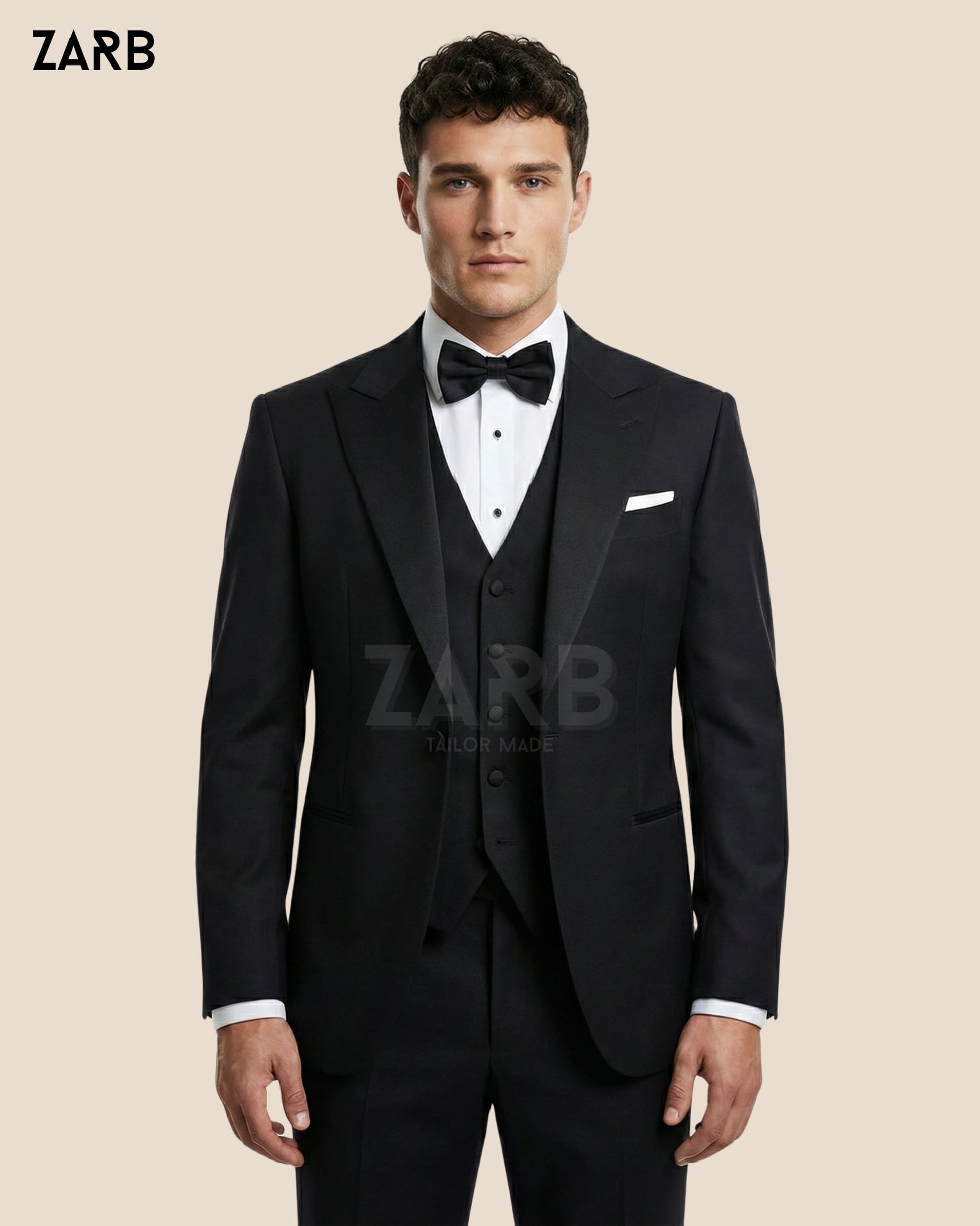 Men's Black Tropical Wool 3-Piece Tuxedo Suit | Tailor Made Peak Lapel Dinner Outfit | Bespoke Tailored ZARB Officials