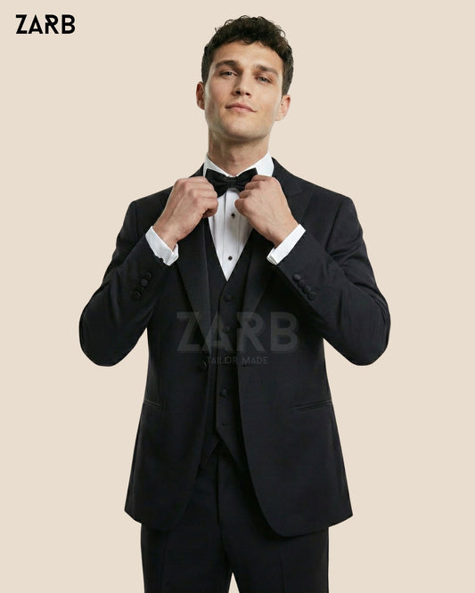 Men's Black Tropical Wool 3-Piece Tuxedo Suit | Tailor Made Peak Lapel Dinner Outfit | Bespoke Tailored ZARB Officials