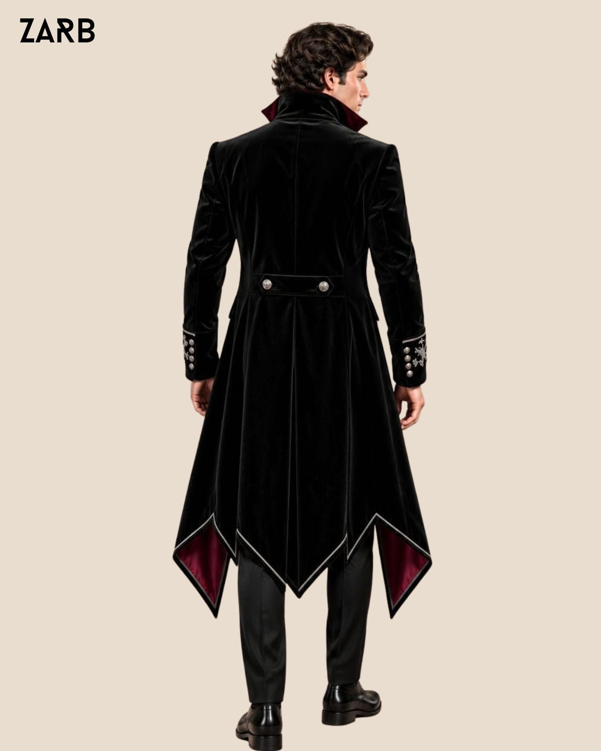 Men’s Black Velvet Gothic Tailcoat with Embroidered Cuffs | Victorian Vampire Suit | Bespoke Tailored ZARB Officials