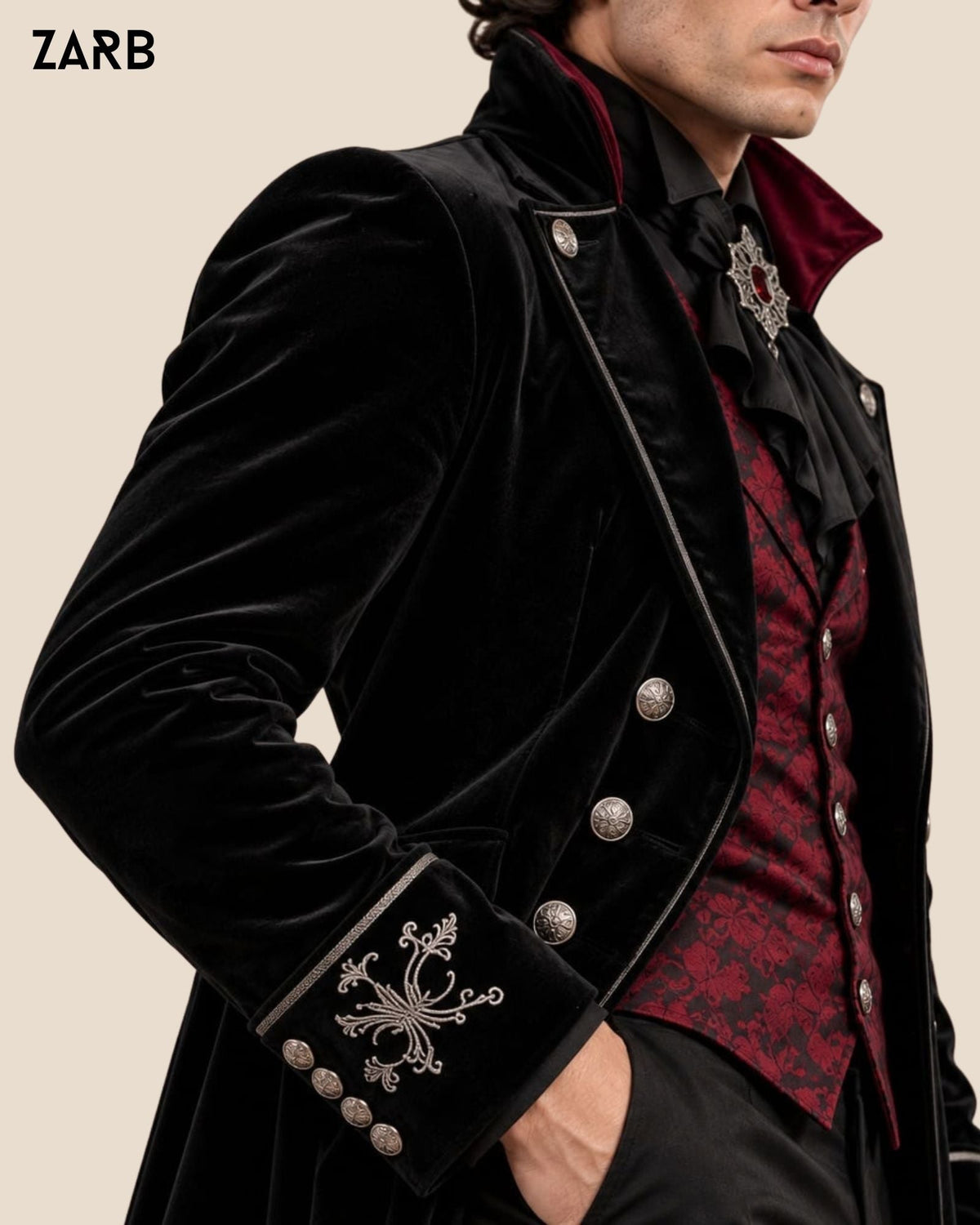 Men’s Black Velvet Gothic Tailcoat with Embroidered Cuffs | Victorian Vampire Suit | Bespoke Tailored ZARB Officials